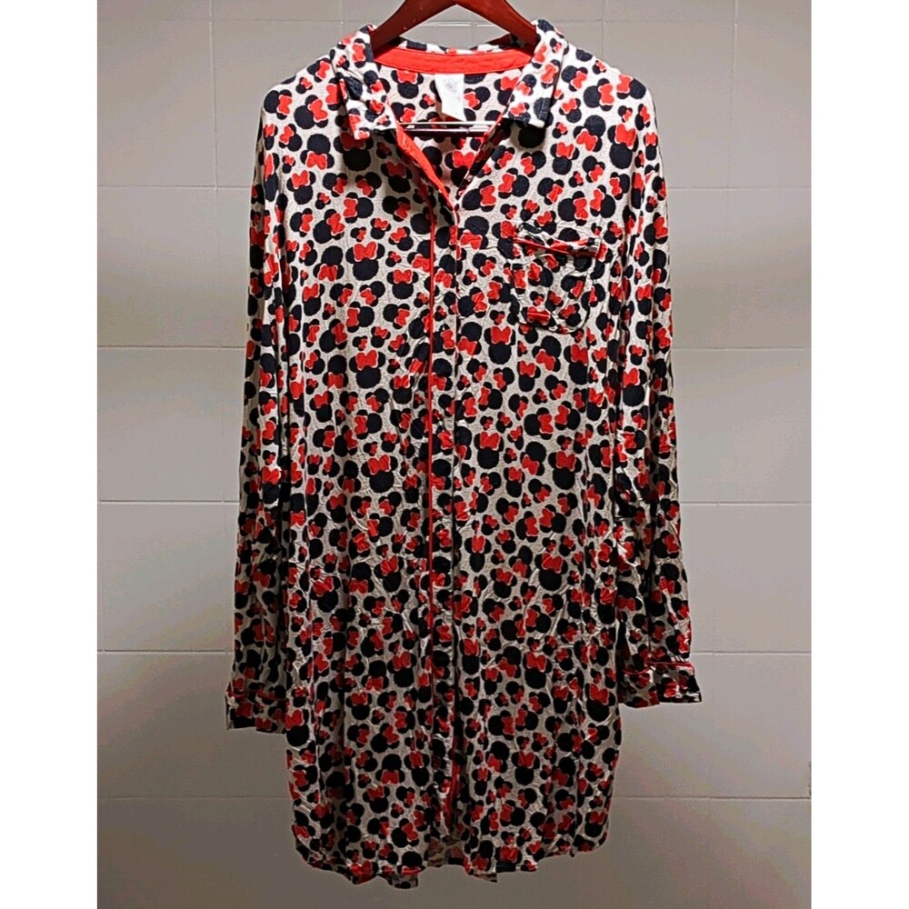Disney Minnie Mouse Women's XL Button-Down Sleepshirt Long Sleeve Animal Print